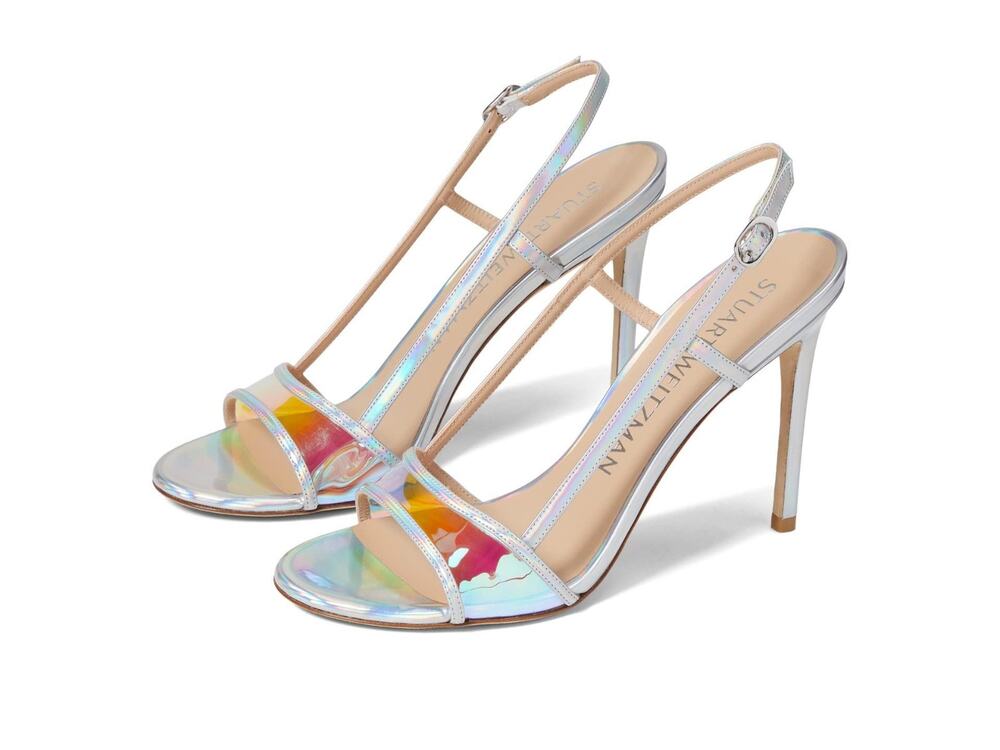 Stuart weitzman mondrian 100 sandal heels silver / aurora size 8